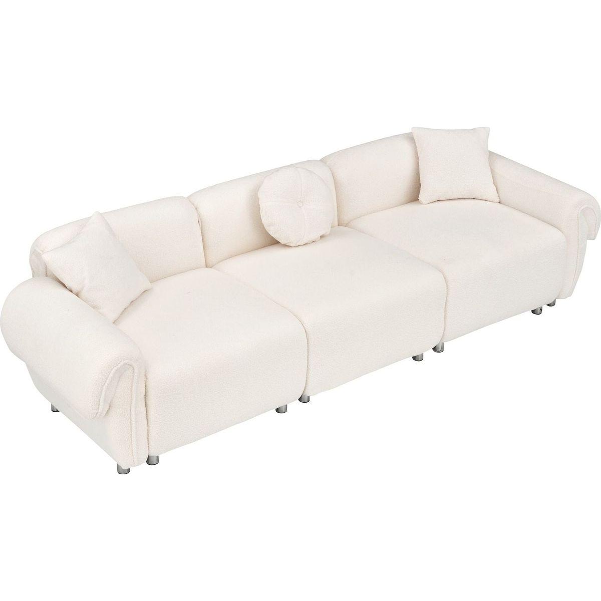 beige teddy-wool fabric with 3 pillows, three-seat sofa can be placed in living room and other scenes
