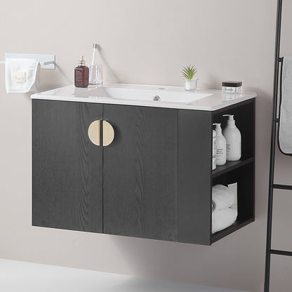 30" Bathroom Vanity with Sink,with two Doors Cabinet Bathroom Vanity Set with Side right Open Storage Shelf,Solid Wood,Excluding faucets,Black