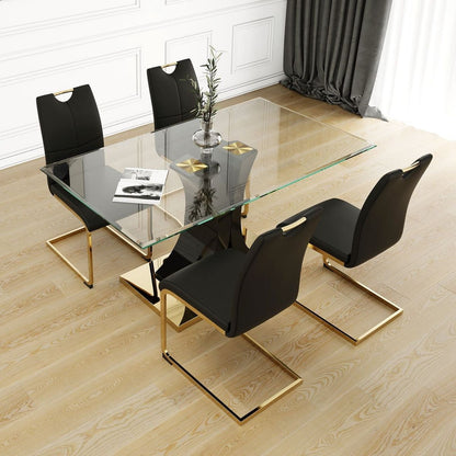 Modern style glass dining table, elegant transparent design, solid support base, black dining chair set, gold-plated chair legs, suitable for restaurant kitchen use (set of 5)