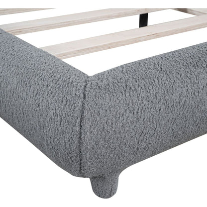 Teddy Fleece Queen Size Upholstered Platform Bed with Thick Fabric, Solid Frame and Stylish Curve-shaped Design, Gray