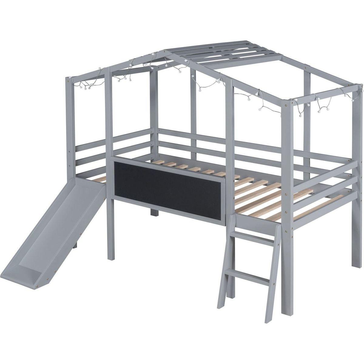 Twin Size Loft Bed with Ladder and Slide, House Bed with Blackboard and Light Strip on the Roof, Gray
