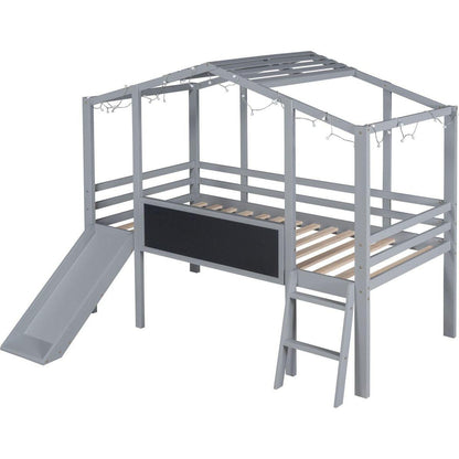 Twin Size Loft Bed with Ladder and Slide, House Bed with Blackboard and Light Strip on the Roof, Gray