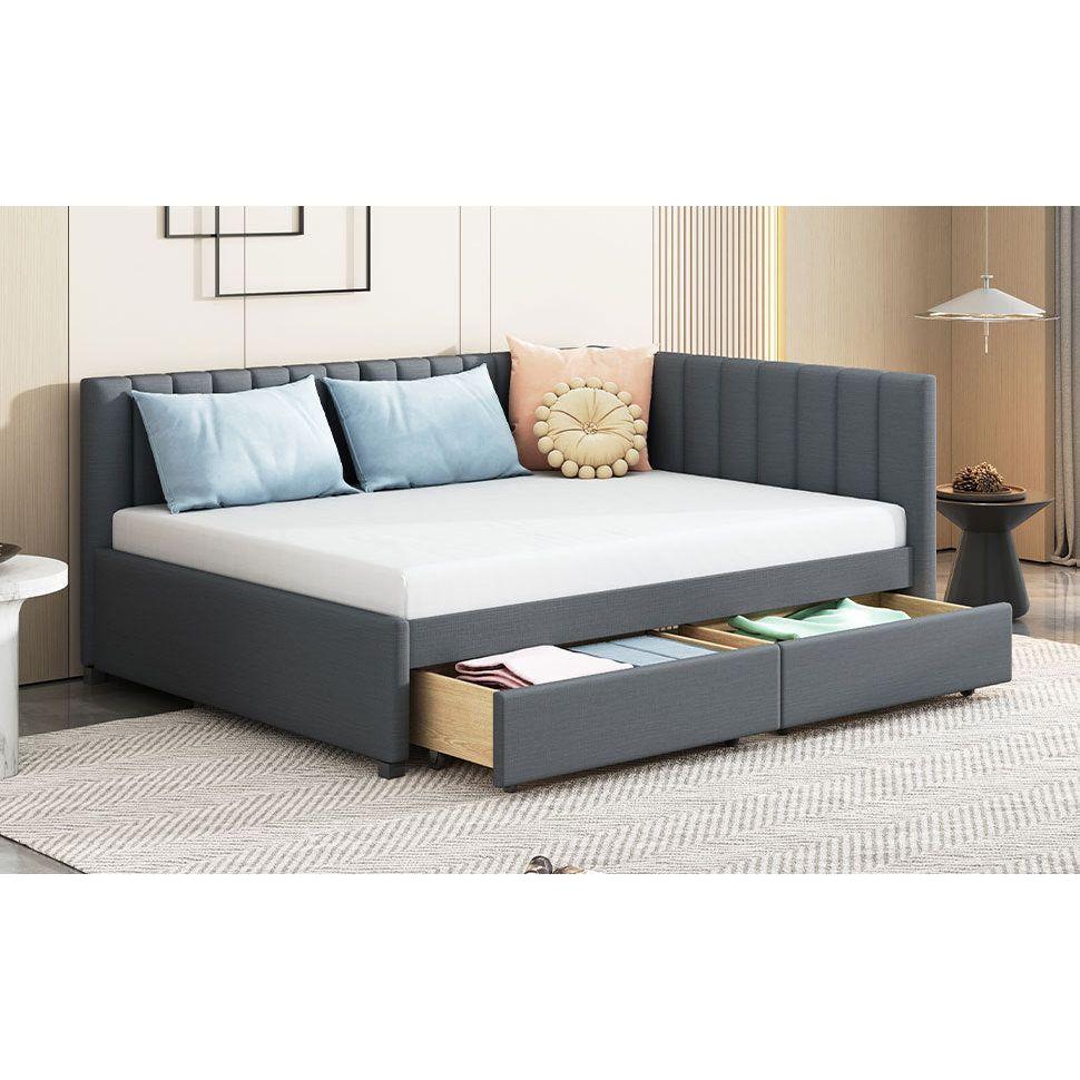 Full Size Upholstered Daybed with 2 Storage Drawers Sofa Bed Frame No Box Spring Needed, Linen Fabric (Gray)