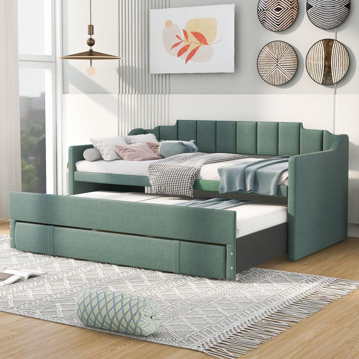 Twin Size Upholstered Daybed with Trundle and Three Drawers,Green