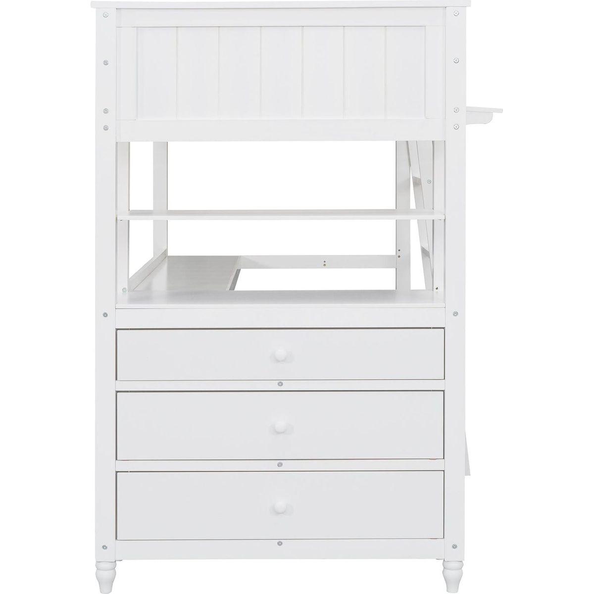 Twin size Loft Bed with Drawers and Desk, Wooden Loft Bed with Shelves - White