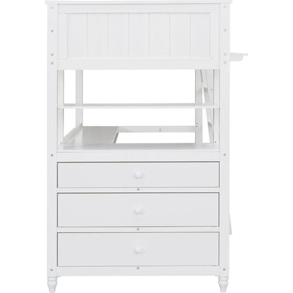 Twin size Loft Bed with Drawers and Desk, Wooden Loft Bed with Shelves - White
