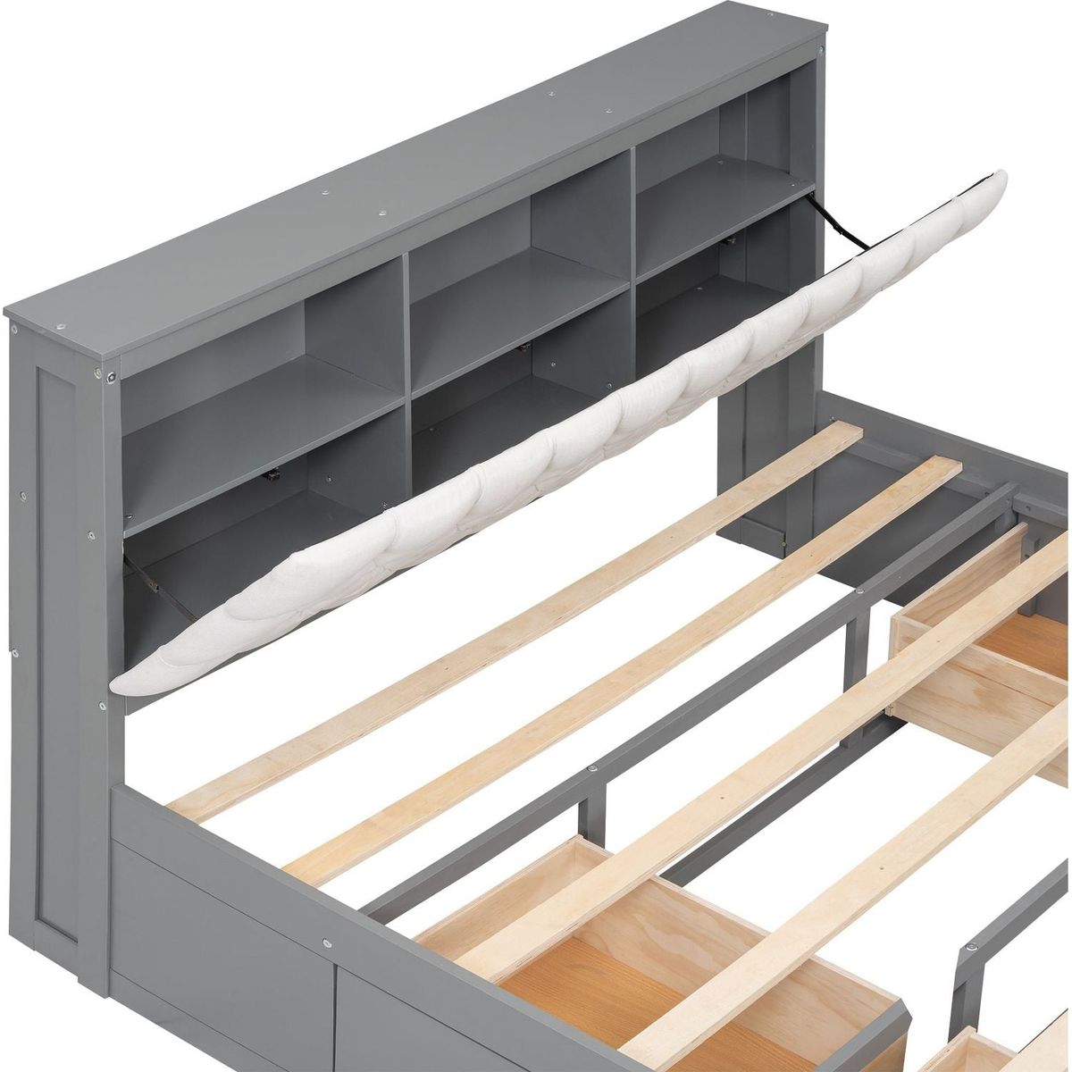 Wood Queen Size Platform Bed with Storage Headboard, shoe rack and 4 drawers,Gray