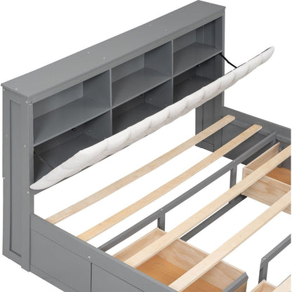 Wood Queen Size Platform Bed with Storage Headboard, shoe rack and 4 drawers,Gray