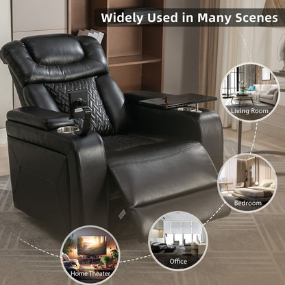 270 Degree Swivel PU Leather Power Recliner Individual Seat Home Theater Recliner with Comforable Backrest, Tray Table, Phone Holder, Cup Holder, USB Port, Hidden Arm Storage for Living Room, Black