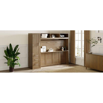 Full Size Murphy Bed with Wardrobe, Drawers and Open Shelves, Antique Grey