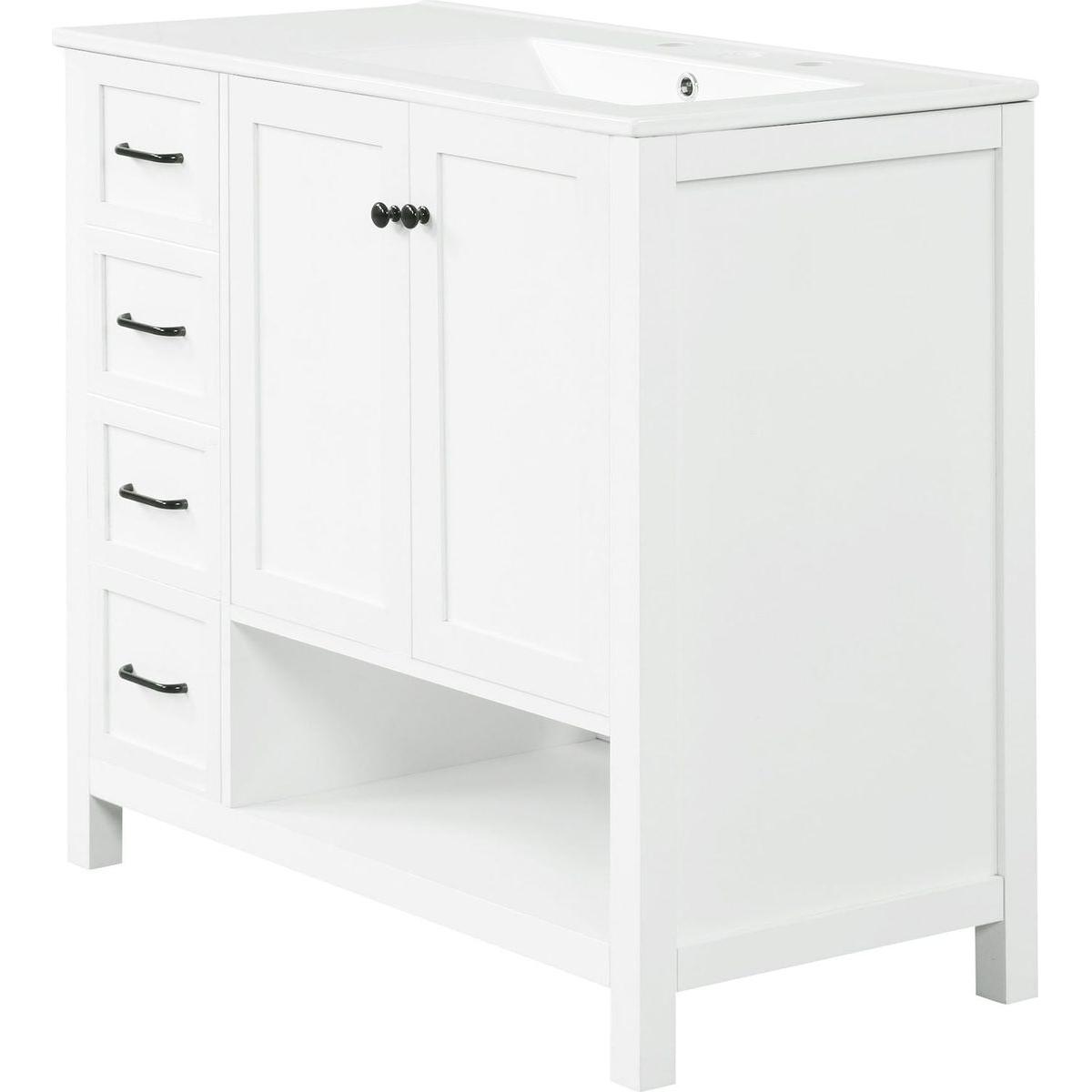 36" Bathroom Vanity with Sink Top, Bathroom Vanity Cabinet with Two Doors and Two Drawers, Solid Wood, Open shelf, MDF Boards, One Package, White