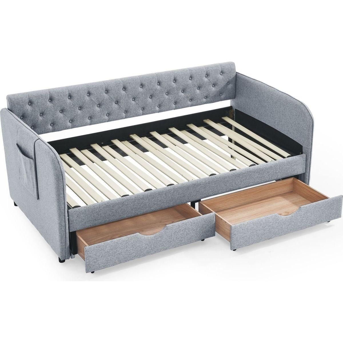 Twin Size Upholstery Daybed with Trundle Bed and Two Storage Drawers , Flat Arms with Pocket, Extendable Daybed for Bedroom Living Room,Linen Grey