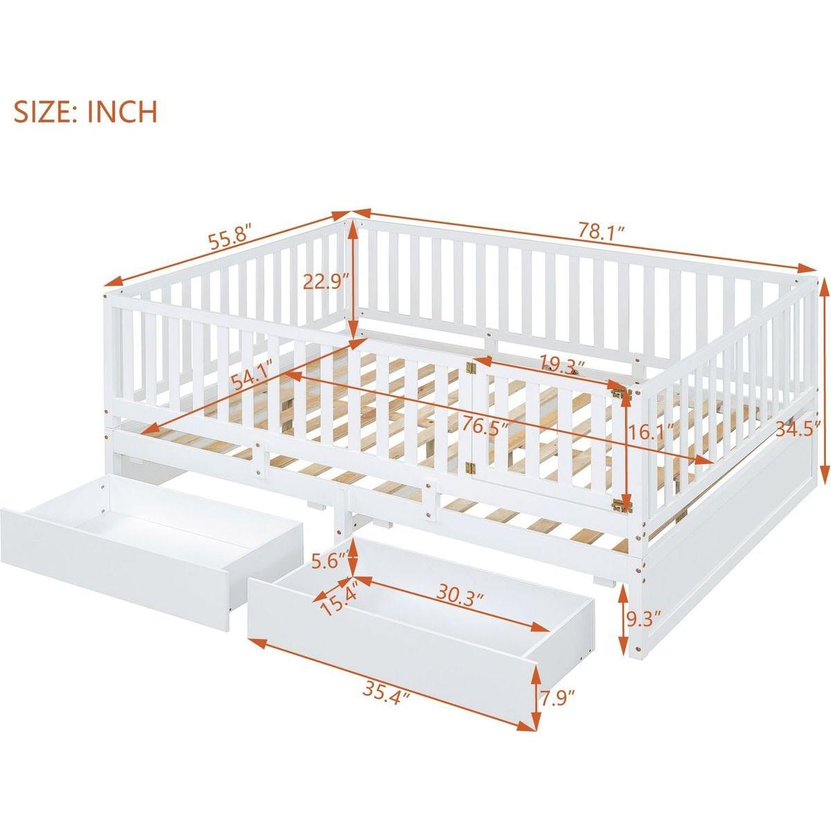 Full Size Wood Daybed with Fence Guardrails and 2 Drawers, Split into Independent Floor Bed & Daybed, White