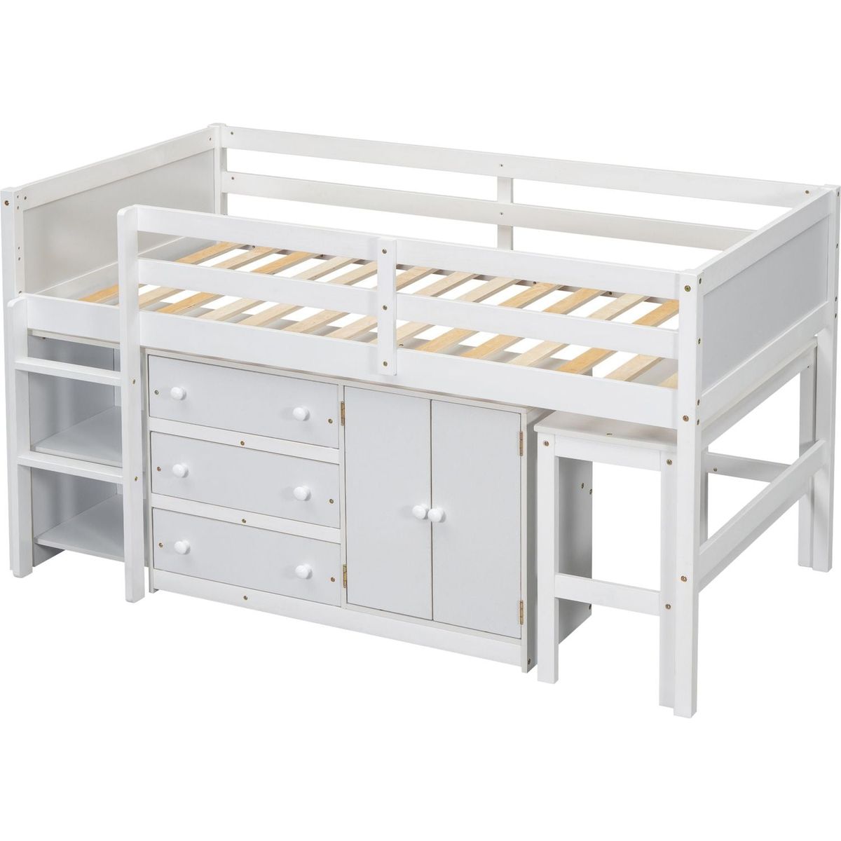 Twin Size Low Loft Bed With Pull-Out Desk, Drawers, Cabinet, and Shelves for White Color