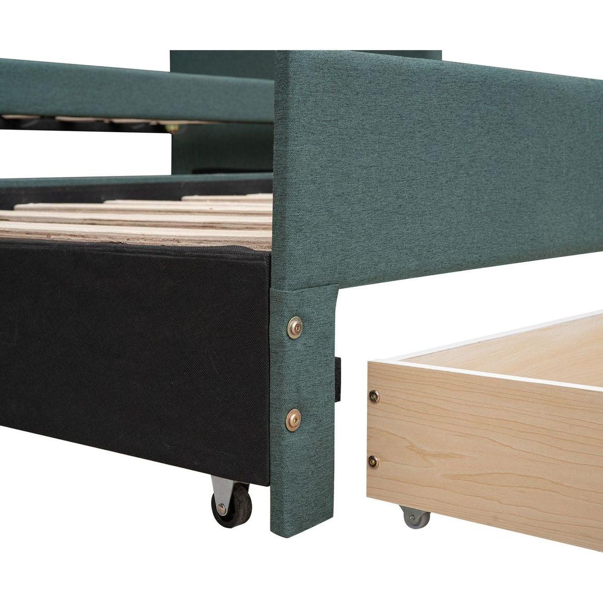 Twin Size Upholstered Daybed with Trundle and Three Drawers,Green