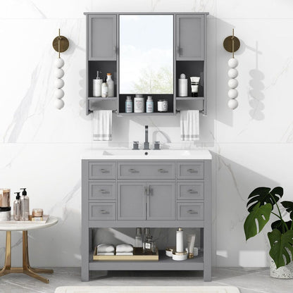 36" Bathroom Vanity with Top Sink, Modern Mirror Cabinet with Towels Bar, Bathroom Storage Cabinet with 2 Soft Closing Doors and 6 Drawers, Single Sink Bathroom Vanity