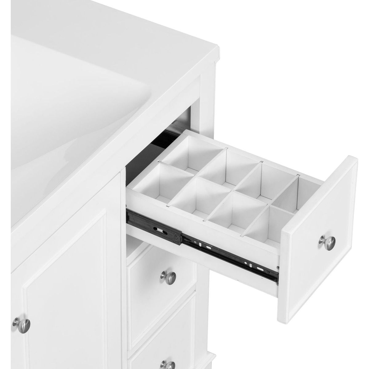 Contemporary White Bathroom Vanity Cabinet - 36x18x34 inches, 4 Drawers & 1 Cabinet Door, Multipurpose Storage, Resin Integrated Sink, Adjustable Shelves, Solid Wood Frame with MDF