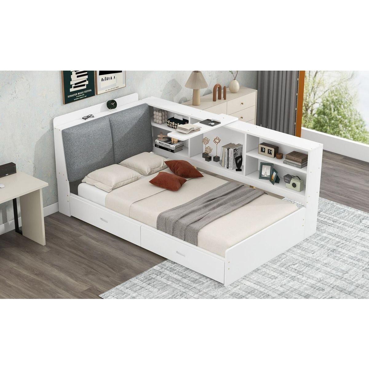 Wood Twin Size platform bed with Storage Headboard, Shelves and 2 Drawers, White