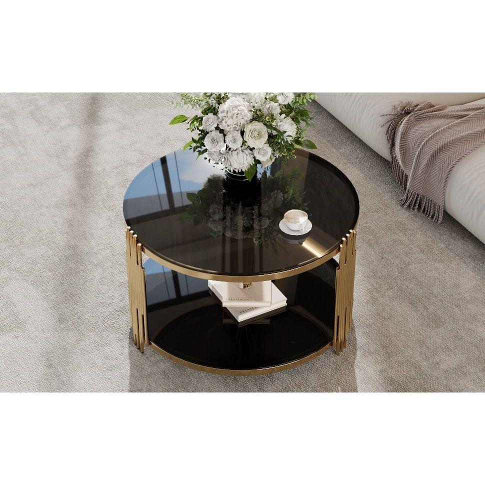 Modern Black Mirror Coffee Table, Asymmetrical Metal, Circular Metal Drum Base, Gold Finish & Lower Shelf