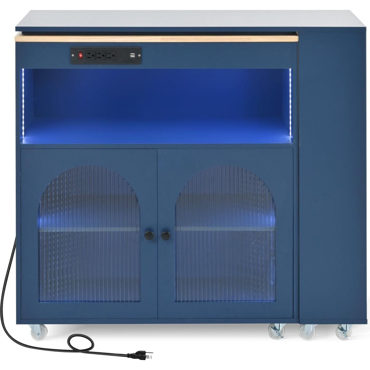 Rolling Kitchen Island With Movable Extended Table, Kitchen Cabinet on Wheels with Power Outlets and 2 Fluted Glass Doors, Kitchen Island with a Storage Compartment and Side 3 Open Shelves, Navy