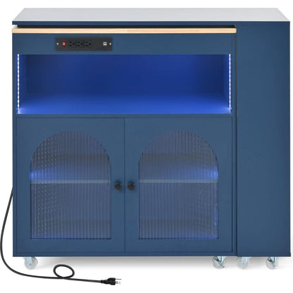 Rolling Kitchen Island With Movable Extended Table, Kitchen Cabinet on Wheels with Power Outlets and 2 Fluted Glass Doors, Kitchen Island with a Storage Compartment and Side 3 Open Shelves, Navy