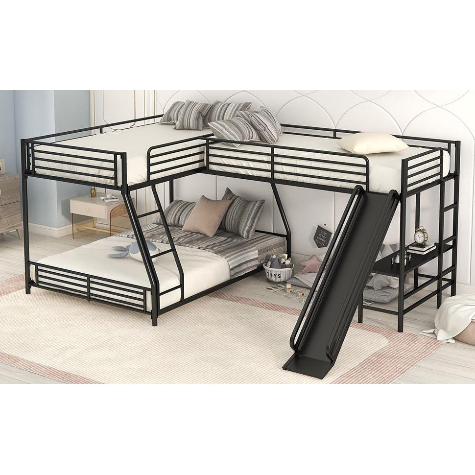 L-Shaped Twin over Full Bunk Bed with Twin Size Loft Bed,Built-in Desk and Slide,Black