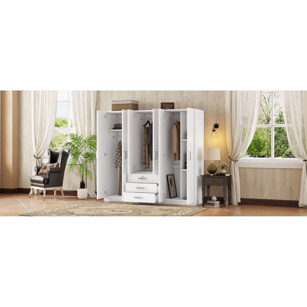 6-Doors Wooden Wardrobe Storage for Bedroom, with Big Drawers, White