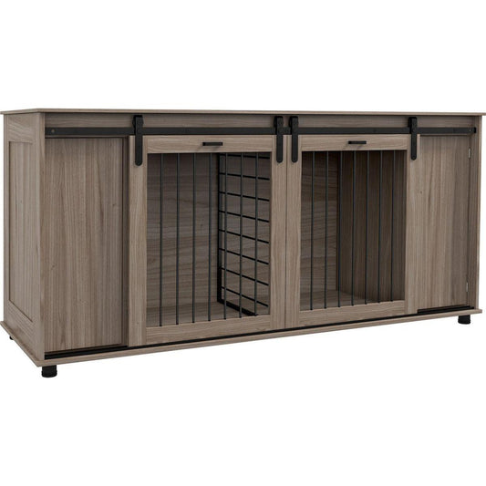 Dog Crate Furniture with Removable Divider for 2 Small Dogs or 1 Large Dog, 71" Modern Dog Kennel Furniture End Table with Storage, Double Doors, Walnut