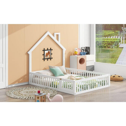 Wood Full Size House Platform Bed with Guardrail, White
