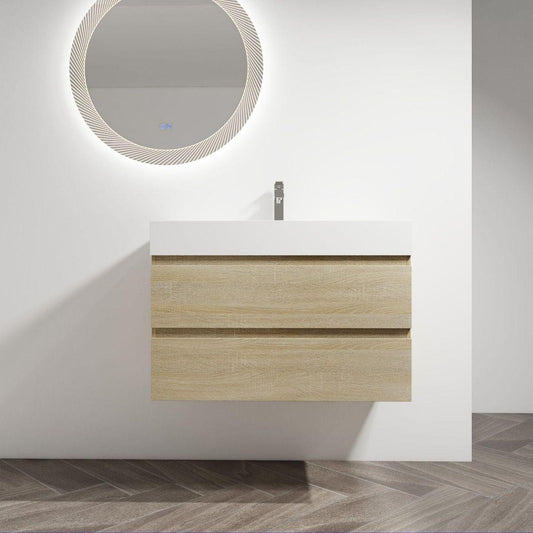 36" Wall-Mounted Bathroom Vanity With Resin Sink, 2-Soft Close Drawers, KD-Package