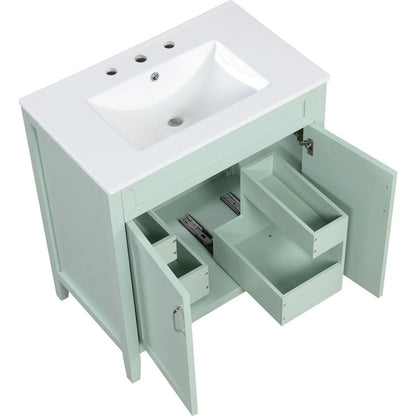 30" Bathroom Vanity with Sink, Multi-functional Bathroom Cabinet with Doors and Drawers, Solid Frame and MDF Board, Green