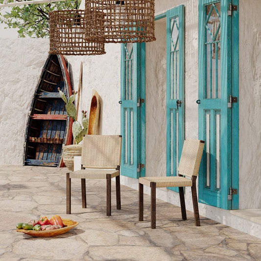 Farmhouse Modern Dining Chairs Set of 2-Solid Wood Rattan Backrest Walnut  Finish Indoor/Outdoor Versatility