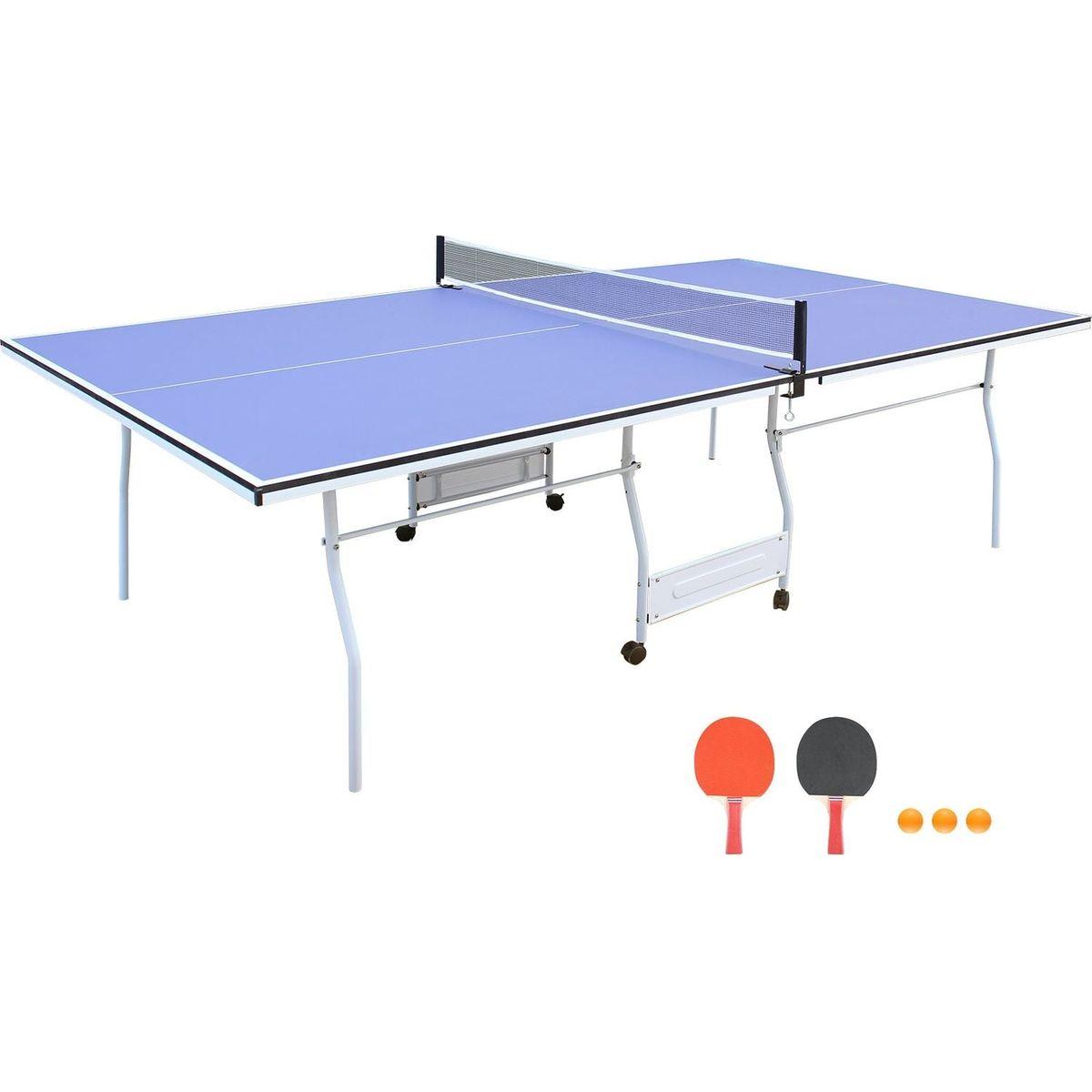 9ft Mid-Size Table Tennis Table Foldable & Portable Ping Pong Table Set for Indoor & Outdoor Games with Net, 2 Table Tennis Paddles and 3 Balls