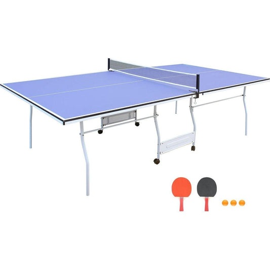 9ft Mid-Size Table Tennis Table Foldable & Portable Ping Pong Table Set for Indoor & Outdoor Games with Net, 2 Table Tennis Paddles and 3 Balls