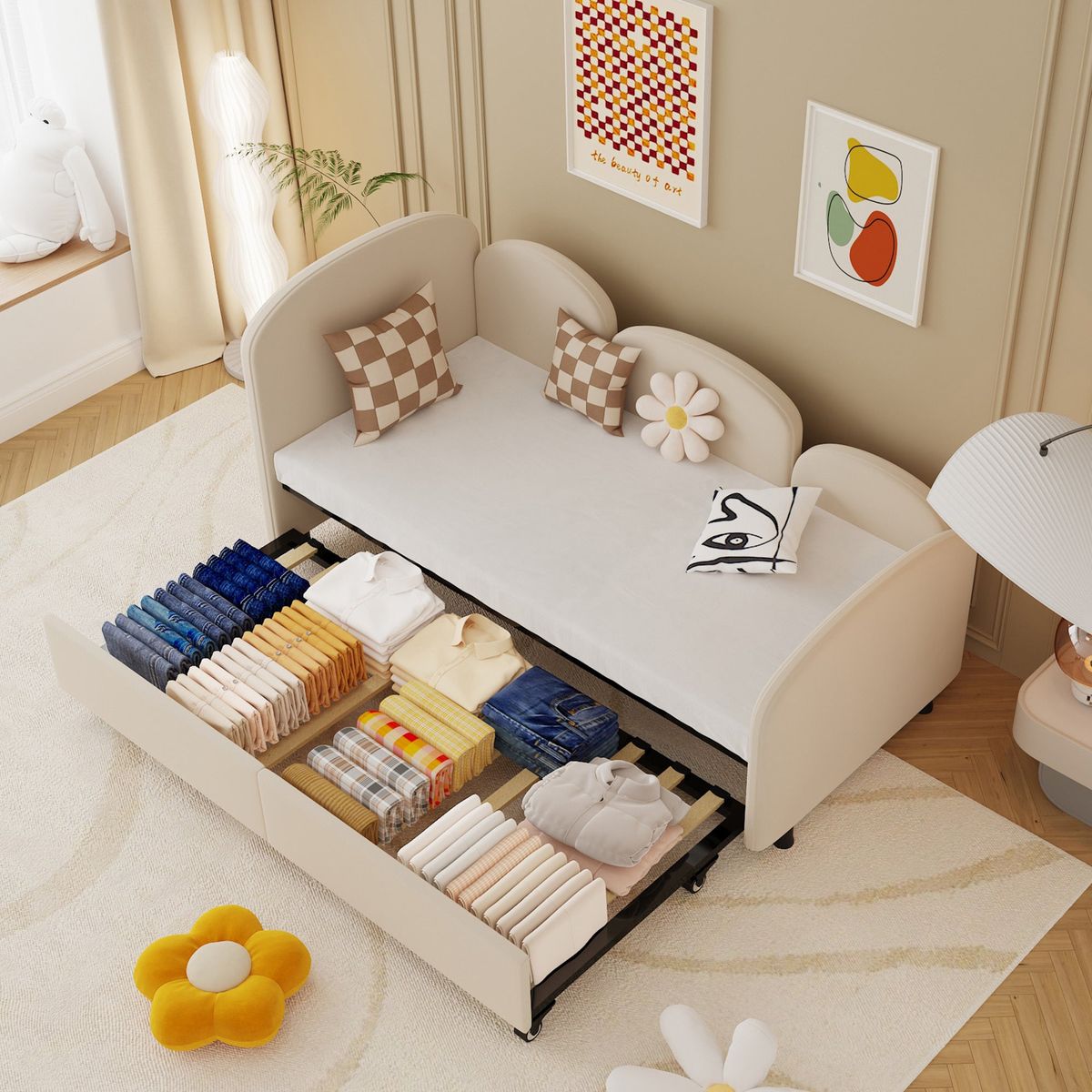 Twin Size Twin Size Bed frames With An Another Bed Frame, Velvet Upholstered Daybed, Modern Sofa Bed Daybed Frame for Bedroom Living Room, Suitable for Living Room, Kids Room, Bedroom (Beige)