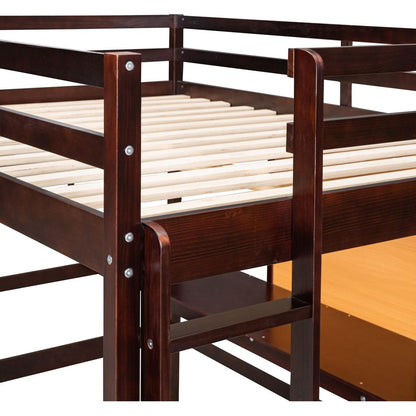 Twin size Loft Bed with Desk and Writing Board, Wooden Loft Bed with Desk & 2 Drawers Cabinet- Espresso