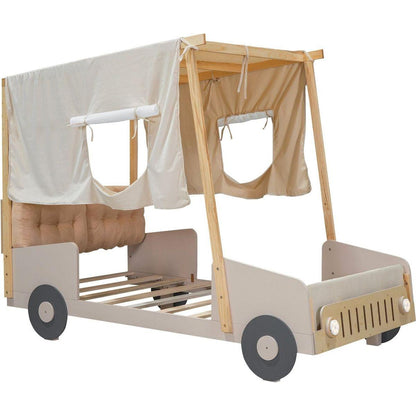 Wood Twin Size Car Bed with Pillow, Ceiling Cloth and LED, Natural