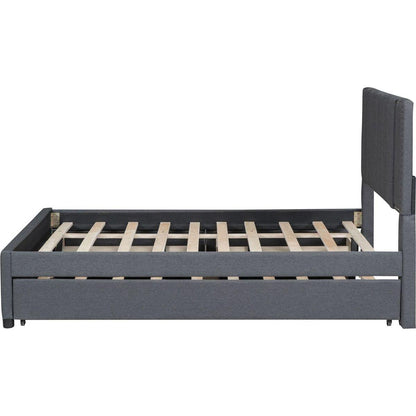 Full Size Upholstered Platform Bed with 2 Drawers and 1 Twin Size Trundle, Classic Headboard Design, Gray