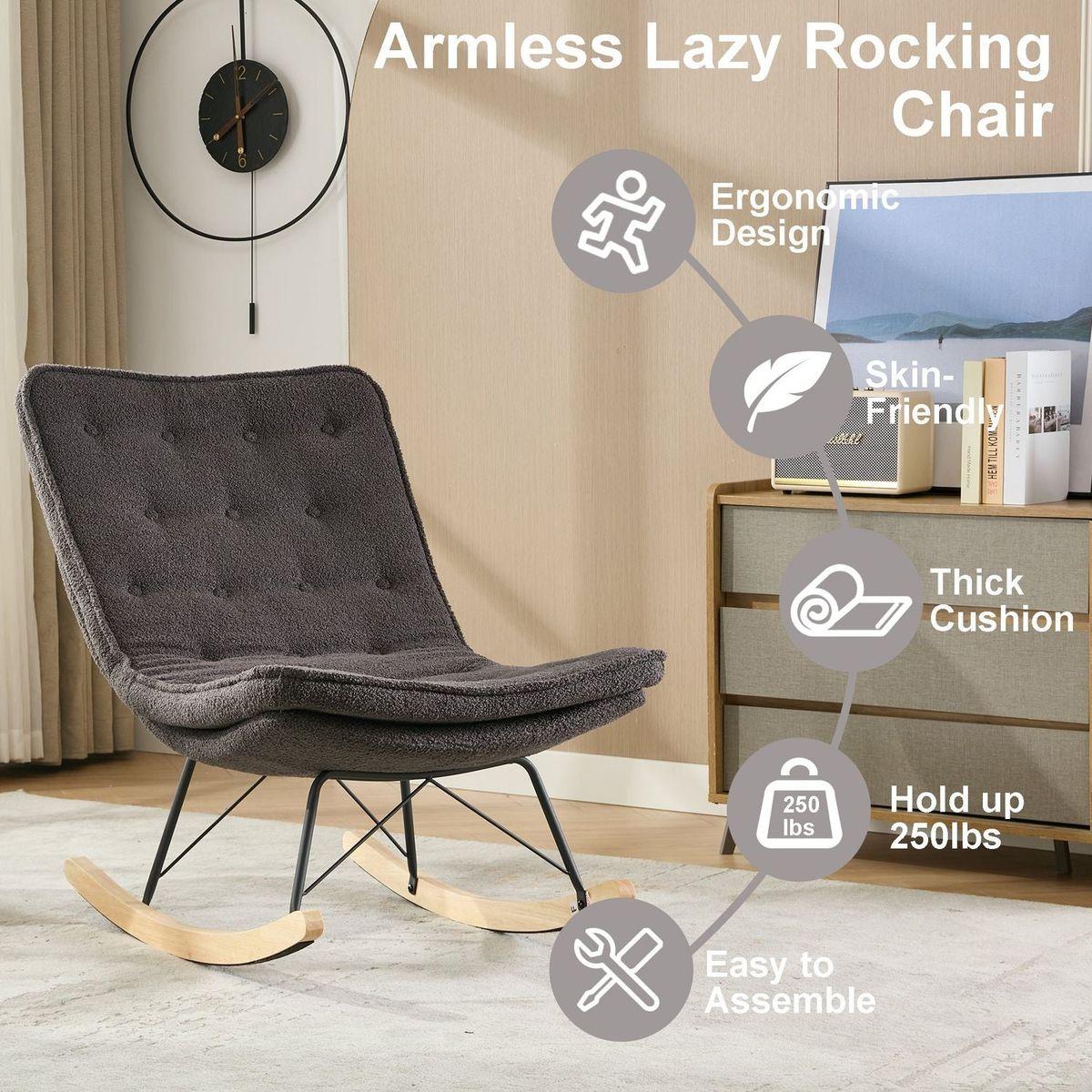 Lazy Rocking Chair,Comfortable Lounge Chair with Wide Backrest and Seat Wood Base, Upholstered Armless Rocker Chair for Living room, Balcony,Bedroom and Patio Porch. (GREY)