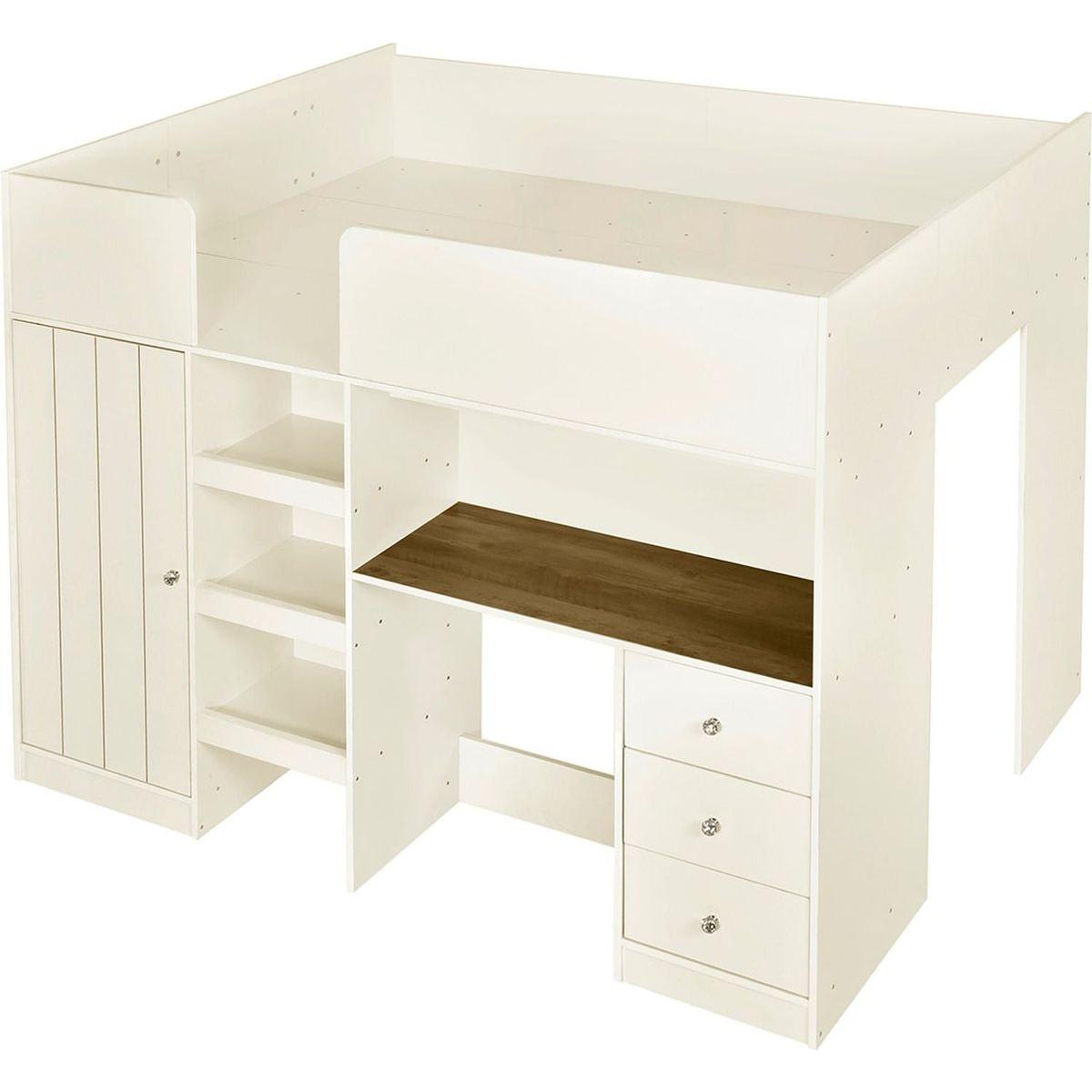 Wood Full Size Loft Bed with Built-in Wardrobe, Desk, Storage Shelves and Drawers, Beige