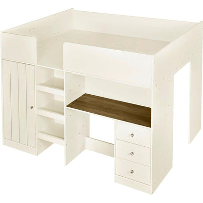 Wood Full Size Loft Bed with Built-in Wardrobe, Desk, Storage Shelves and Drawers, Beige