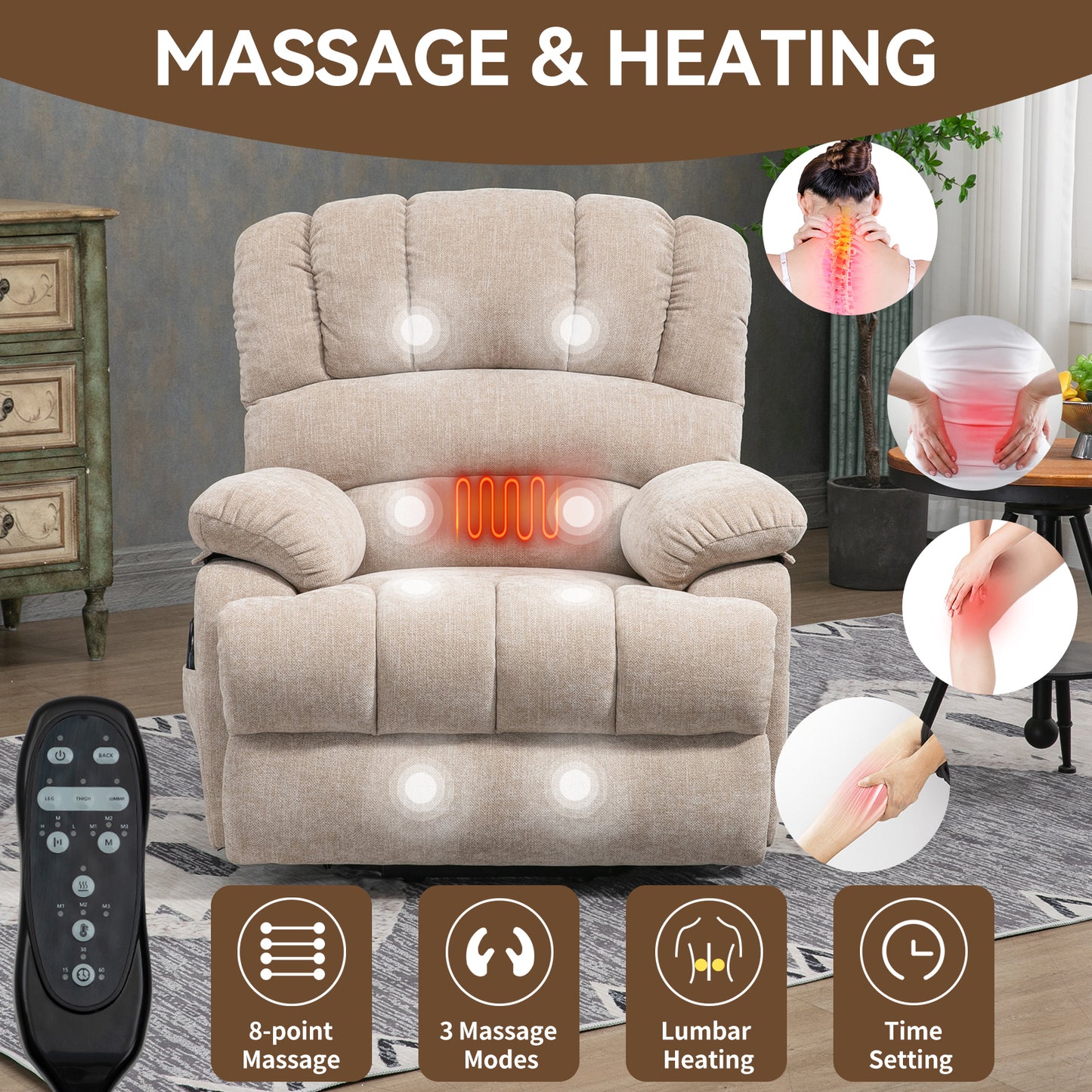 23" Seat Width and High Back Large Size Beige Chenille Power Lift Recliner Chair with 8-Point Vibration Massage and Lumbar Heating