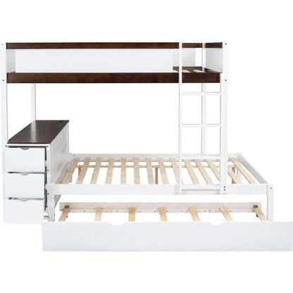 Full-Over-Full Bunk Bed with Twin size Trundle, Storage and Desk, White+Walnut