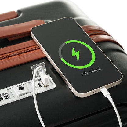 Front Opening 20-Inch Carry-On Luggage with Expandable Travel Bag Set, ABS Hard Shell Two-piece suitcase set with USB Port, Cup Holder, black and brown