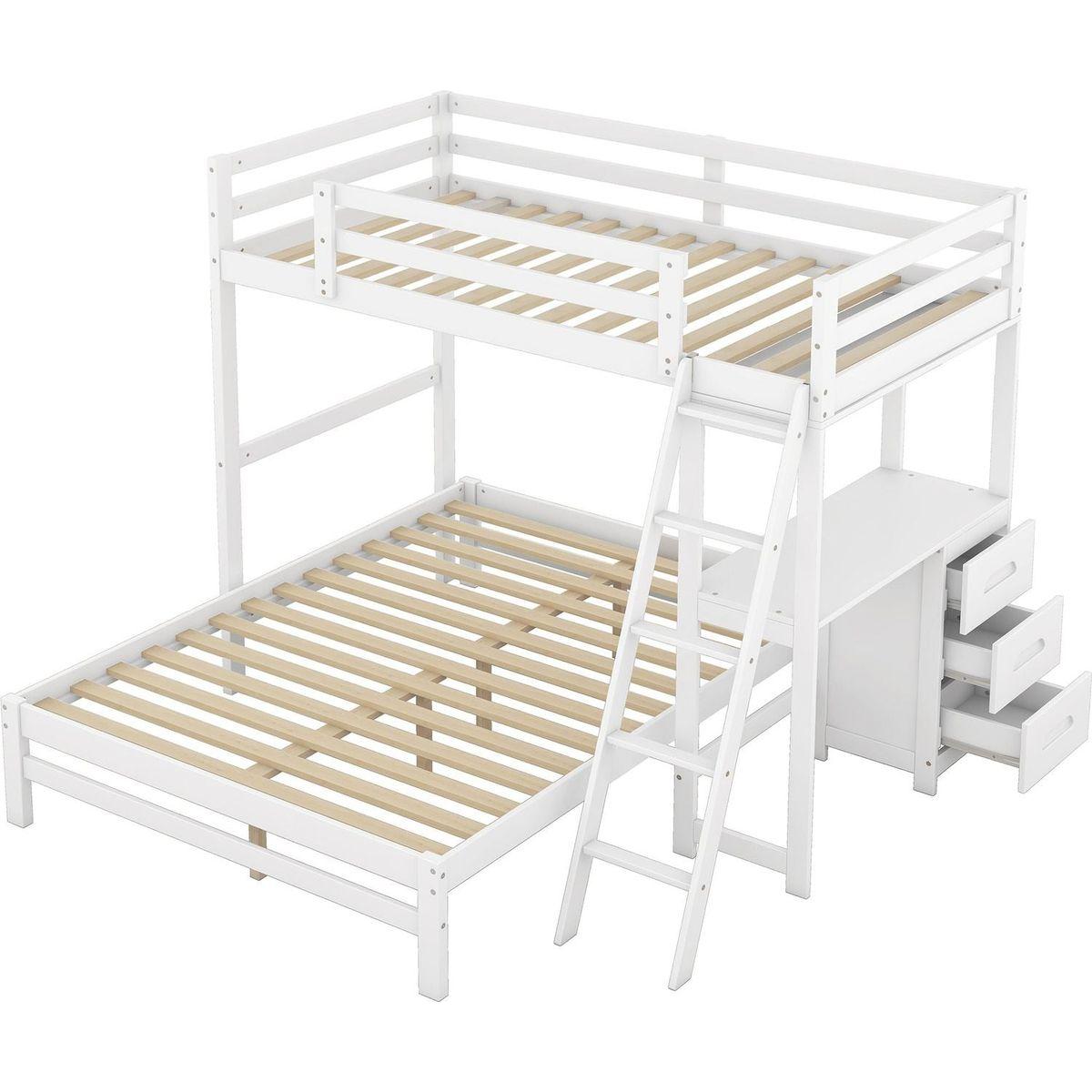 Twin over Full Bunk Bed with Built-in Desk and Three Drawers,White