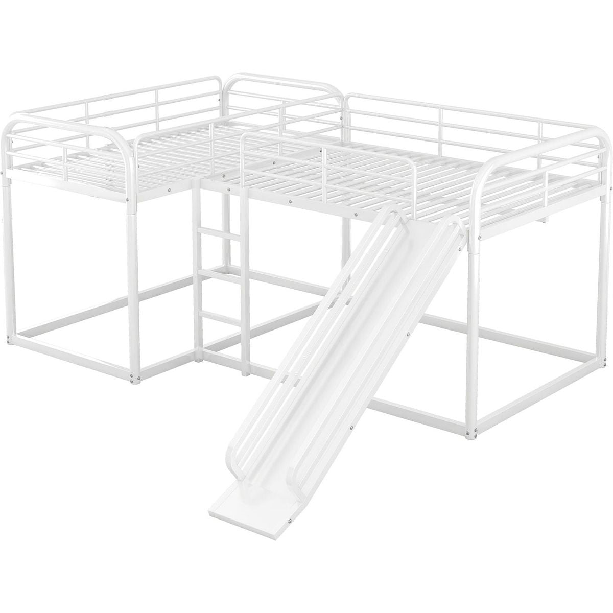 Full and Twin Size L-Shaped Bunk Bed with Slide and Short Ladder, White