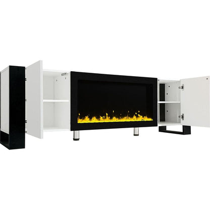 Modern TV Stand with 34.2" Non-heating Electric Fireplace, High Gloss Entertainment Center with 2 Cabinets, Media Console for TVs up to 78", White