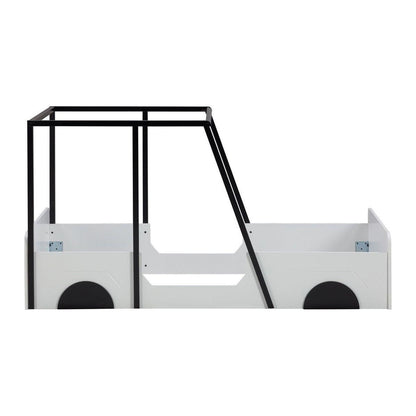 Twin Size Car-shaped Bed with Roof,Wooden Twin Floor Bed with wheels and door Design,Montessori Inspired Bedroom,Black