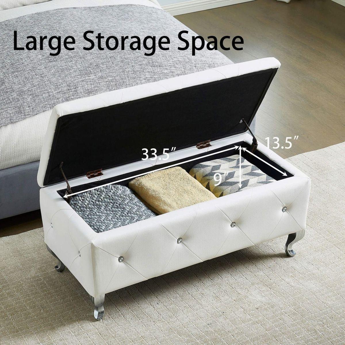 Upholstered Storage Ottoman Bench For Bedroom End Of Bed Faux Leather Rectangular Storage Benches Footrest With Crystal Buttons For Living Room Entryway (White)