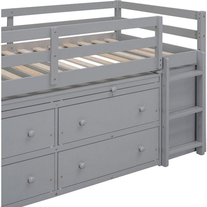 Twin Size Loft Bed with Retractable Writing Desk and 4 Drawers, Wooden Loft Bed with Lateral Portable Desk and Shelves, Gray